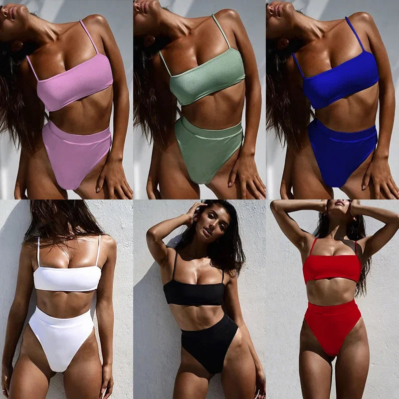 3 Colors Sexy Bikini Solid Swimwear Swimsuit Women High Waist Bikinis Set Bathing Suit Beach Bikini Women Push up Bikinis Mujer