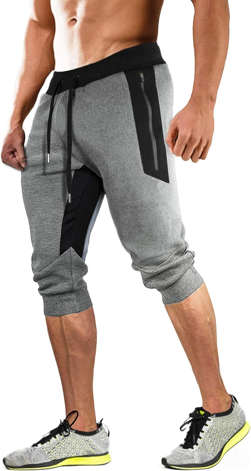 Men'S 3/4 Joggers Capri Pants with Zipper Pockets Slim Fit Training Running Workout Capri Joggers