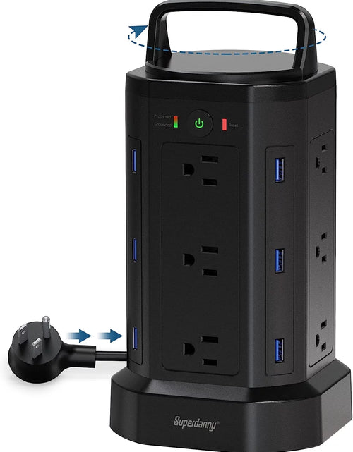 Load image into Gallery viewer, Power Strip Surge Protector Tower 12 AC Outlets 6 USB Charging Station 6.5Ft Extension Cord Black
