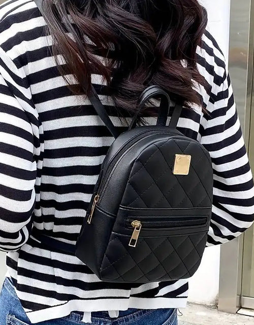 Load image into Gallery viewer, Women&#39;S Cute Small Backpack Rhombic Pattern Backpack with Adjustable Strap Zipper Casual Shoulder Black Mobile Bag
