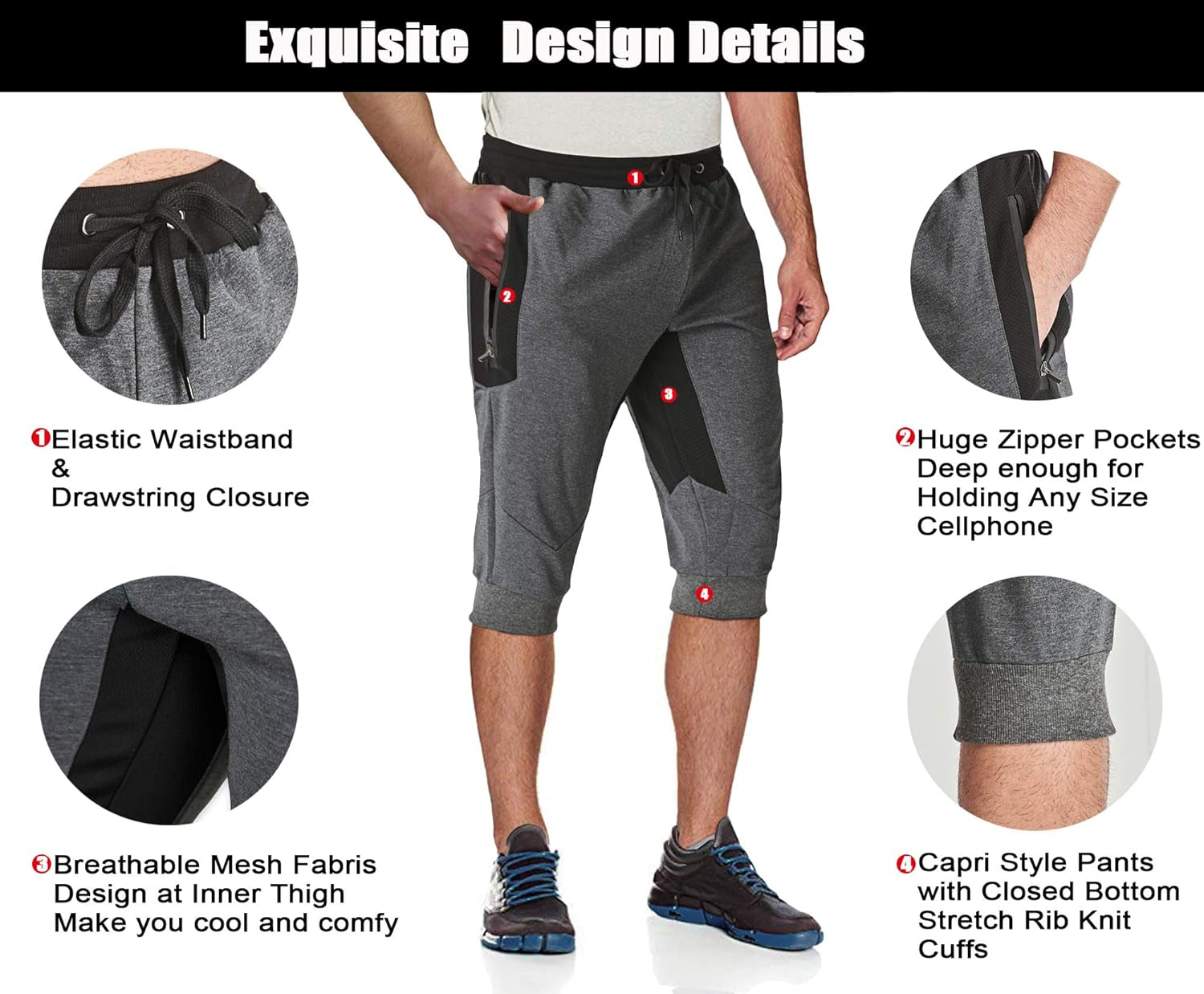 Men'S 3/4 Joggers Capri Pants with Zipper Pockets Slim Fit Training Running Workout Capri Joggers