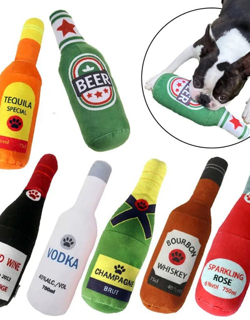 Load image into Gallery viewer, Interactive Dog Toys Champagne Wine Bottle Shape Pet Toy Plush Filled Vodka Toy Squeaky Bite-Resistant Pet Supplies Whisky
