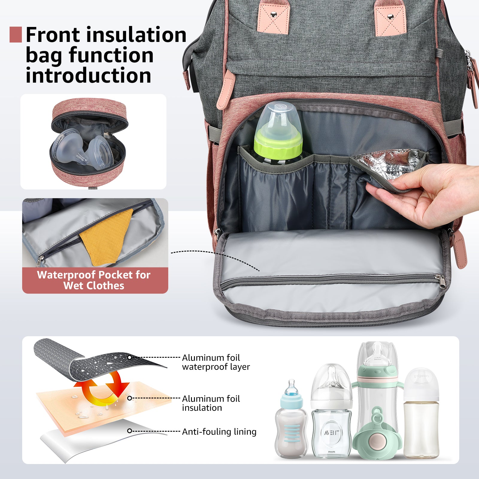 Baby Diaper Bag Backpack,With Waterproof Changing Pad, USB Charging Port, Pacifier Case,Dark Grey Color